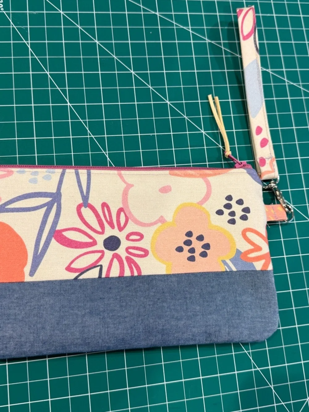 Handmade Floral Wristlet Clutch Zipper Pouch Blue Colorblock - Picture 3 of 5